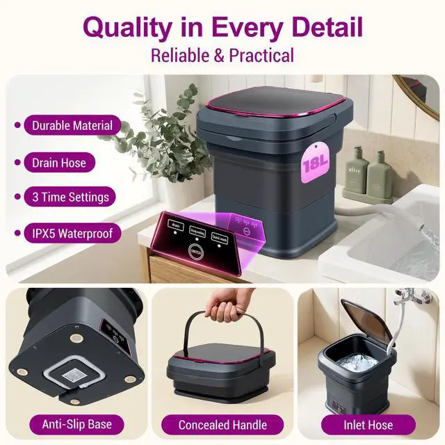 Alt view image 3 of 7 - Portable Clothes Washing Machines,18L Foldable Mini Laundry Machine with Spinner Basket,3 Cleaning Modes for Small Baby, Underwear, Socks,Ideal for Home,Travel,Dorms,Camping,Hotel and Apartment HH