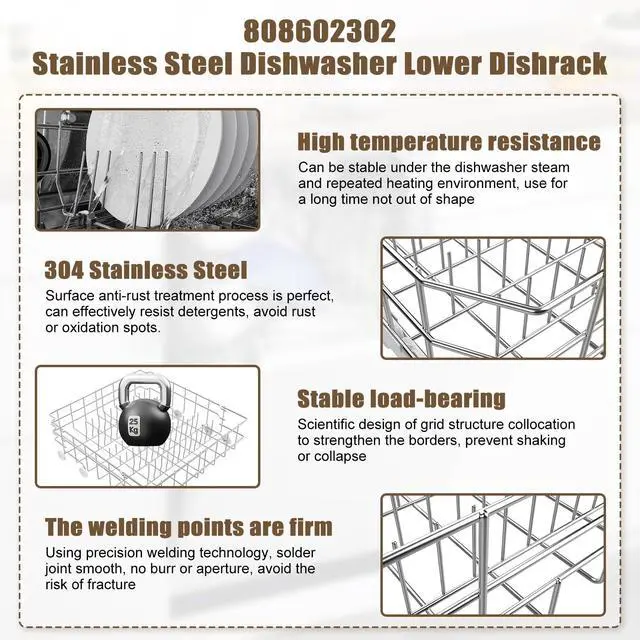 Alt view image 3 of 7 - UPGRADED 304 Stainless Steel 808602302 5304535768 Dishwasher Lower Rack Replacement Compatible with Frigidaire Dishwasher Rack Parts with 154174501 Wheels Replaces 154432602 154432601 Dishwasher