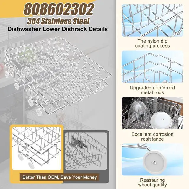 Alt view image 5 of 7 - UPGRADED 304 Stainless Steel 808602302 5304535768 Dishwasher Lower Rack Replacement Compatible with Frigidaire Dishwasher Rack Parts with 154174501 Wheels Replaces 154432602 154432601 Dishwasher