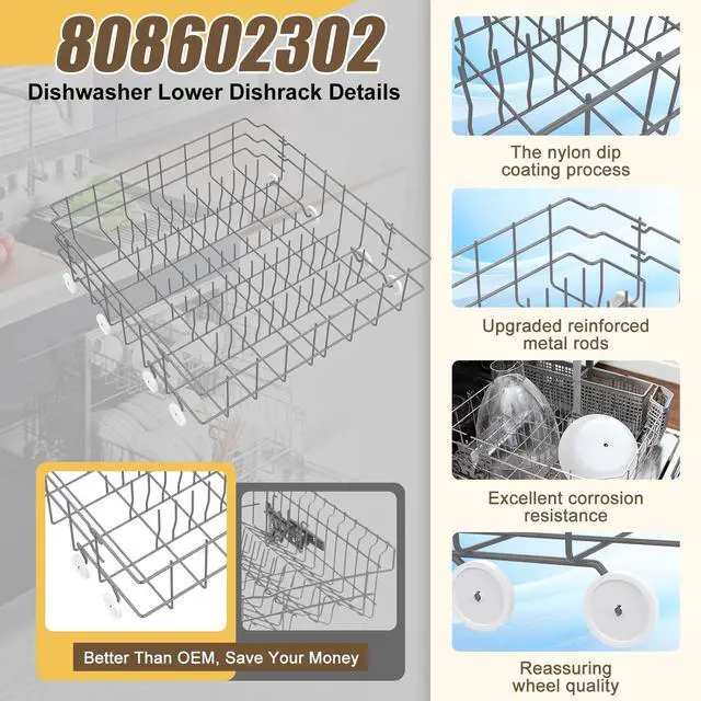 Alt view image 2 of 7 - UPGRADED 808602302 5304535768 Dishwasher Lower Rack Replacement Compatible with Frigidaire,Kenmore Dishwasher Rack Parts with 154174501 Wheels Replace 154432602 154432601 154319706 Dishwasher Racks
