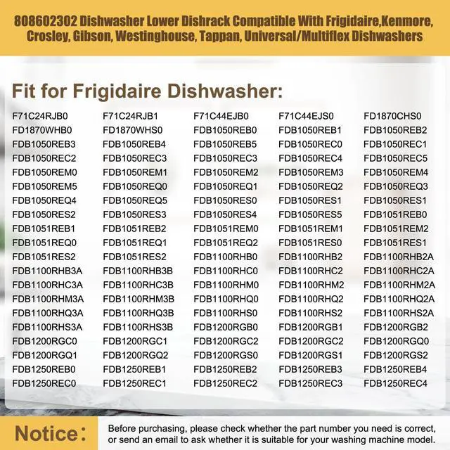 Alt view image 5 of 7 - UPGRADED 808602302 5304535768 Dishwasher Lower Rack Replacement Compatible with Frigidaire,Kenmore Dishwasher Rack Parts with 154174501 Wheels Replace 154432602 154432601 154319706 Dishwasher Racks