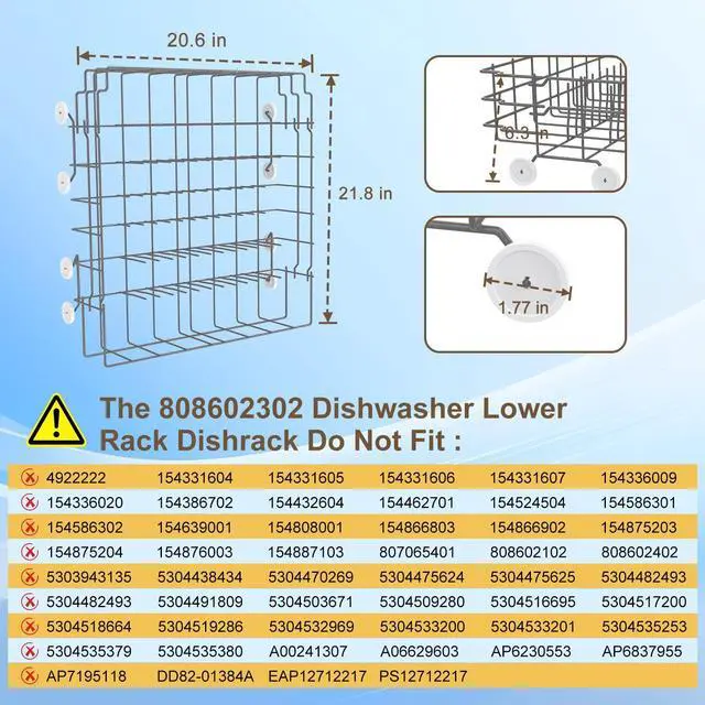Alt view image 6 of 7 - UPGRADED 808602302 5304535768 Dishwasher Lower Rack Replacement Compatible with Frigidaire,Kenmore Dishwasher Rack Parts with 154174501 Wheels Replace 154432602 154432601 154319706 Dishwasher Racks