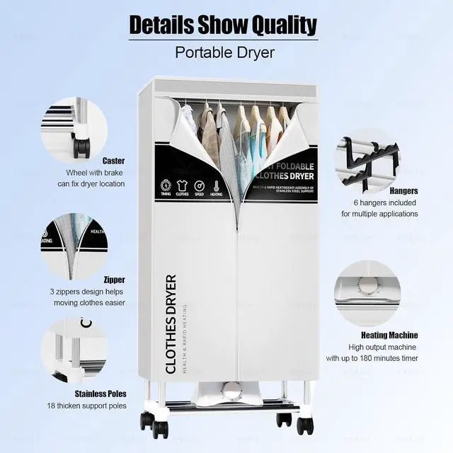 Alt view image 2 of 7 - Clothes Dryer, Portable Drying Machine with Timer, 60inch Laundry Drying Wardrobe with Large Capacity, Electric Dryer/Rack for Home | Appartments (Grey IM5)