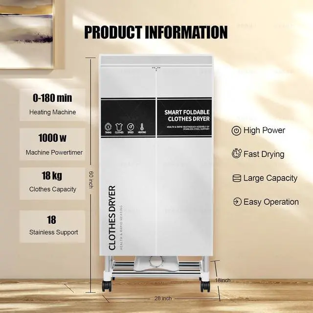 Alt view image 5 of 7 - Clothes Dryer, Portable Drying Machine with Timer, 60inch Laundry Drying Wardrobe with Large Capacity, Electric Dryer/Rack for Home | Appartments (Grey IM5)