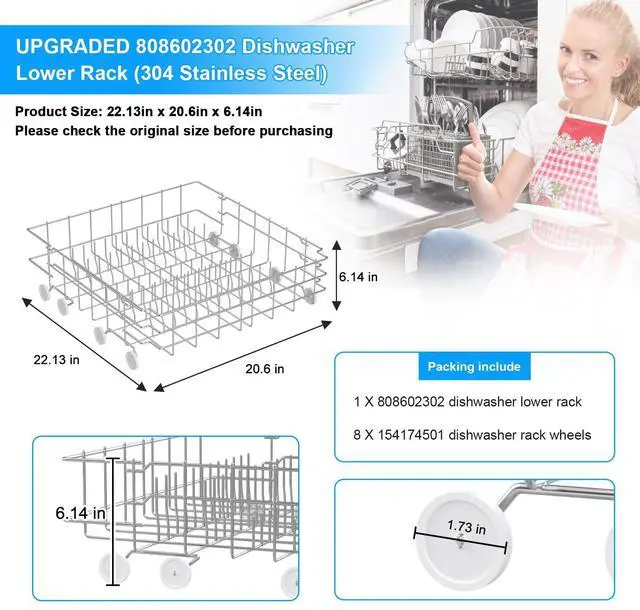 Alt view image 3 of 7 - UPGRADED 808602302 Dishwasher Lower Dishrack for Frigidaire Kenmore Dishwasher Rack Replacement Parts with Wheel,808602302 154432602 Frigidaire Dishwasher Rack Parts 304 Stainless Steel Bottom Rack
