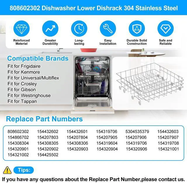 Alt view image 4 of 7 - UPGRADED 808602302 Dishwasher Lower Dishrack for Frigidaire Kenmore Dishwasher Rack Replacement Parts with Wheel,808602302 154432602 Frigidaire Dishwasher Rack Parts 304 Stainless Steel Bottom Rack