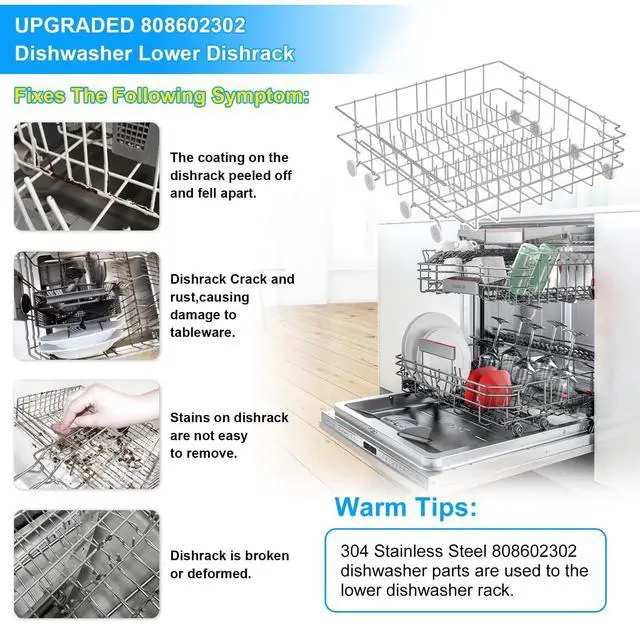 Alt view image 5 of 7 - UPGRADED 808602302 Dishwasher Lower Dishrack for Frigidaire Kenmore Dishwasher Rack Replacement Parts with Wheel,808602302 154432602 Frigidaire Dishwasher Rack Parts 304 Stainless Steel Bottom Rack