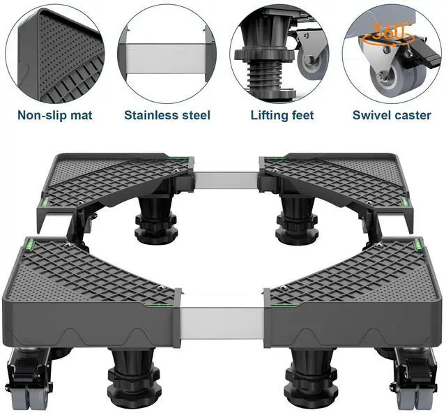 Alt view image 2 of 6 - Upgrade Fridge Stand Mobile Base with 8 Locking Wheels and 4 Strong Feet 27.5-35.4 Adjustable Furniture Dolly for Washer Dryer Washing Machine Stand Pedestal, Refrigerator Stand (Black)