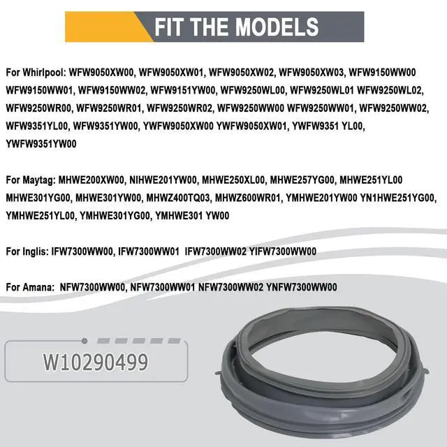 Alt view image 2 of 7 - WPW10381562 WFW9050XW00 WFW9150WW00 Washer Door Seal Bellow Boot Gasket Compatible with Whirlpool WFW9150WW01 WFW9250WW01, Maytag 2000 Series MHWE200XW00, Amana Inglis, Replace W10290499