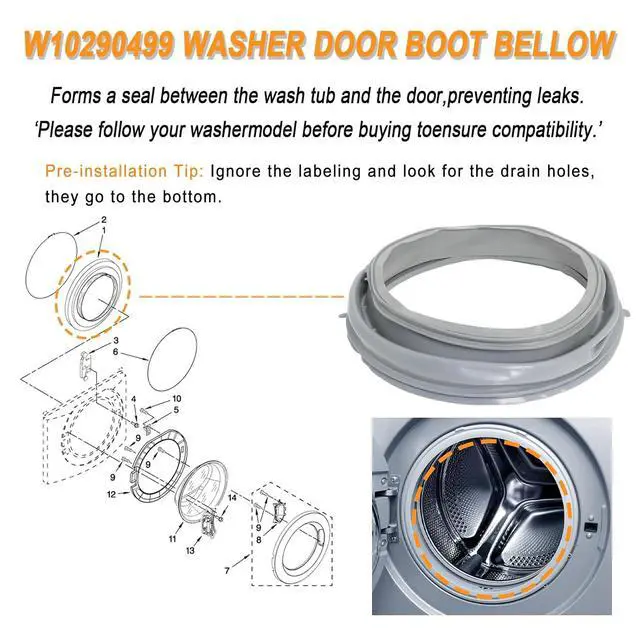 Alt view image 5 of 7 - WPW10381562 WFW9050XW00 WFW9150WW00 Washer Door Seal Bellow Boot Gasket Compatible with Whirlpool WFW9150WW01 WFW9250WW01, Maytag 2000 Series MHWE200XW00, Amana Inglis, Replace W10290499