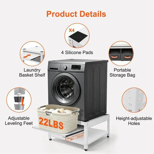 Alt view image 3 of 7 - Washer and Dryer Pedestals, 28" L x 28" W Heavy Duty Metal Washer and Dryer Stand Universal Platform, Washer Dryer Pedestal with Basket Shelf, Portable Storage Bag, 4 Silicone Pads, Fit 800lbs, White