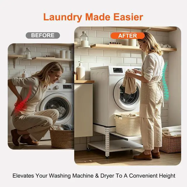 Alt view image 4 of 7 - Washer and Dryer Pedestals, 28" L x 28" W Heavy Duty Metal Washer and Dryer Stand Universal Platform, Washer Dryer Pedestal with Basket Shelf, Portable Storage Bag, 4 Silicone Pads, Fit 800lbs, White