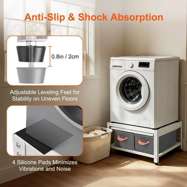 Alt view image 5 of 7 - Washer and Dryer Pedestals, 28" L x 28" W Heavy Duty Metal Washer and Dryer Stand Universal Platform, Washer Dryer Pedestal with Basket Shelf, Portable Storage Bag, 4 Silicone Pads, Fit 800lbs, White