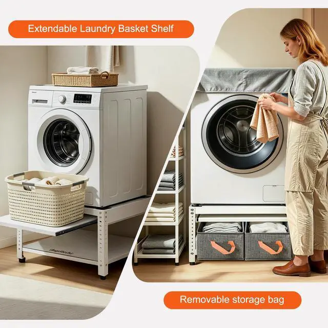 Alt view image 6 of 7 - Washer and Dryer Pedestals, 28" L x 28" W Heavy Duty Metal Washer and Dryer Stand Universal Platform, Washer Dryer Pedestal with Basket Shelf, Portable Storage Bag, 4 Silicone Pads, Fit 800lbs, White