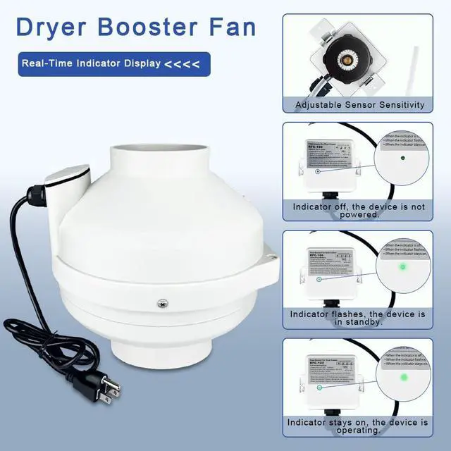 Alt view image 3 of 7 - Dryer Vent Booster Fan with Pressure Switch for Automatic Activation, 4" Inline Exhaust Fan 260CFM High Air Volume, Ultra-Quiet Anti-Clog Design Efficiently Reducing Drying Time
