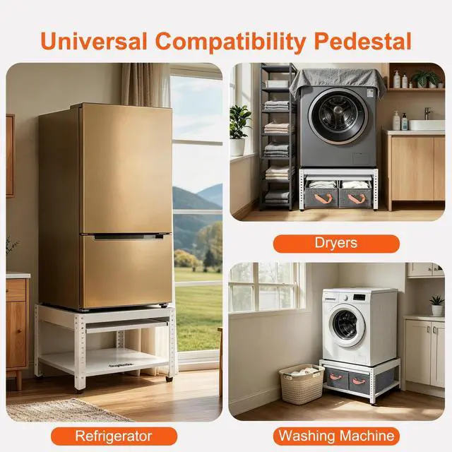 Alt view image 7 of 7 - Washer and Dryer Pedestals, 28" L x 28" W Heavy Duty Metal Washer and Dryer Stand Universal Platform, Washer Dryer Pedestal with Basket Shelf, Portable Storage Bag, 4 Silicone Pads, Fit 800lbs, White