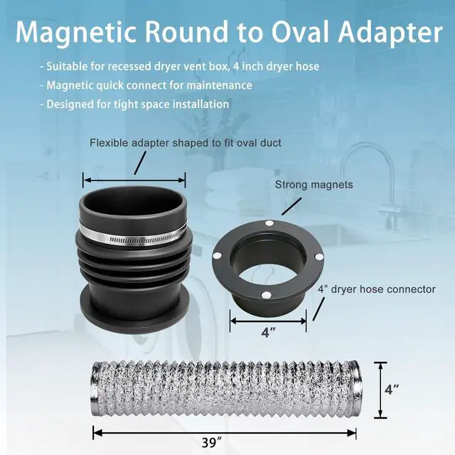 Alt view image 2 of 5 - Round to Oval Adapter Magnetic Connect for Recessed Dryer Vent Box | Magnetic Connect | 4 Inch Dryer Vent Hose Connector for Tight Space | Quick Disconnect for Lint Cleaning and Maintenance