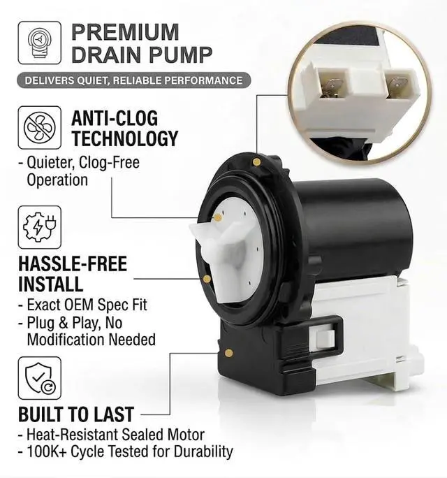 Alt view image 3 of 4 - OEM Quality Washer Drain Pump For LG WM3370HVA,WM2501HWA, WM3570HVA,WM3488HW, WM2650HRA,WM3570HWA