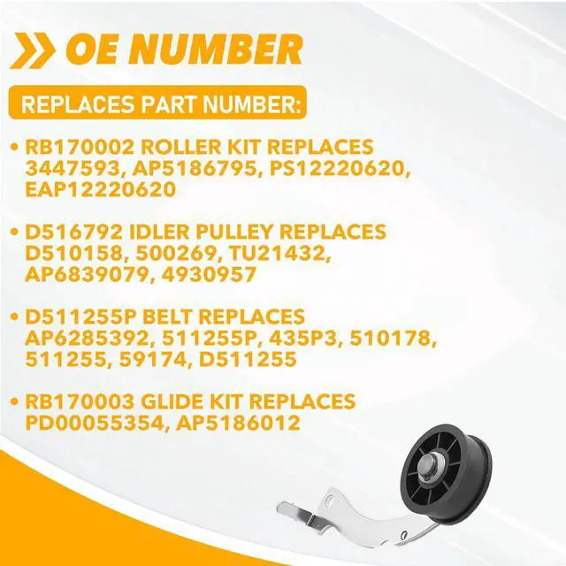 Alt view image 3 of 7 - Upgraded Dryer Repair Kit Compatible with Speed Queen 1992 and Newer, with RB170002 Dryer Roller Kit & D511255P Dryer Cylinder Belt & D516792 Dryer ldler Pulley & RB170003 Dryer Drum Glide Kit