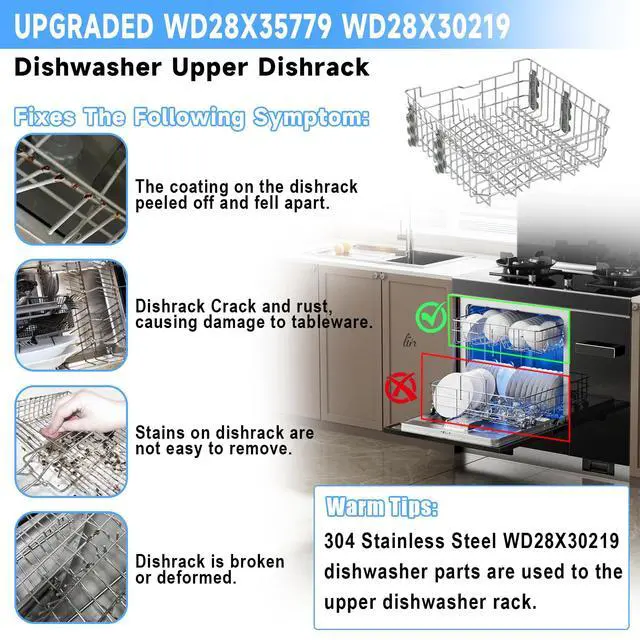 Alt view image 5 of 7 - UPGRADED WD28X35779 WD28X30219 Dishwasher Upper Rack Compatible with GE Dishwasher Rack Replacement Parts with Wheel,304 Stainless Steel WD28X30219 WD28X25018 WD28X26104 GE Dishwasher Upper Rack Part