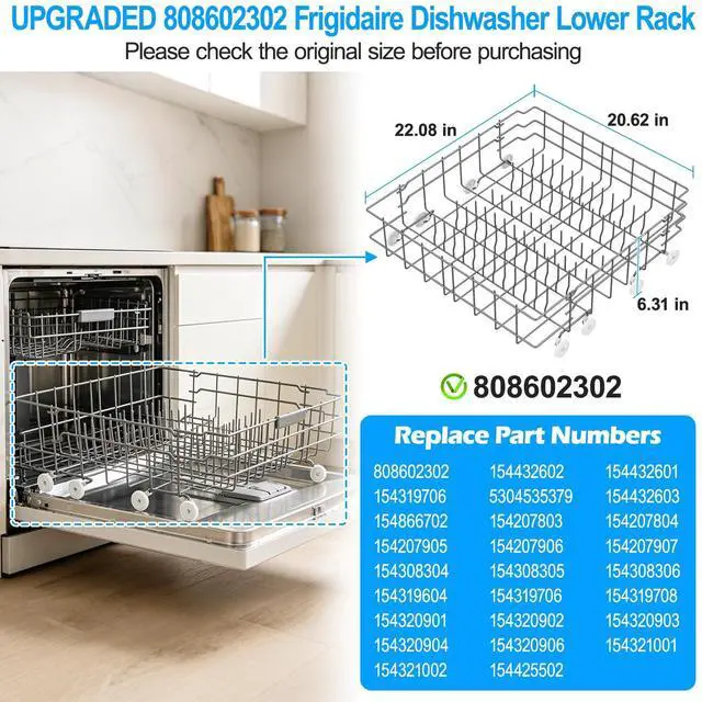 Alt view image 2 of 7 - Upgraded 808602302 5304535379 Dishwasher Lower Rack Compatible with Frigidaire Dishwasher Rack Parts,5304535768 154432601 FDB1050RES0 Frigidaire Kenmore Dishwasher Bottom Rack Replacement with Wheel
