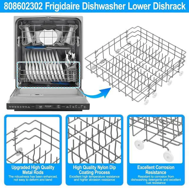Alt view image 3 of 7 - Upgraded 808602302 5304535379 Dishwasher Lower Rack Compatible with Frigidaire Dishwasher Rack Parts,5304535768 154432601 FDB1050RES0 Frigidaire Kenmore Dishwasher Bottom Rack Replacement with Wheel