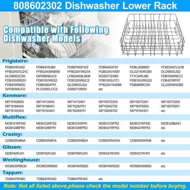 Alt view image 4 of 7 - Upgraded 808602302 5304535379 Dishwasher Lower Rack Compatible with Frigidaire Dishwasher Rack Parts,5304535768 154432601 FDB1050RES0 Frigidaire Kenmore Dishwasher Bottom Rack Replacement with Wheel