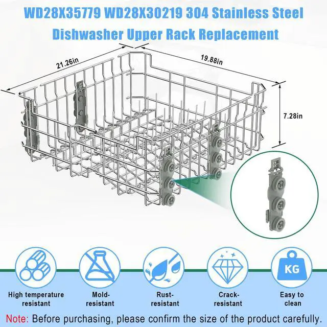 Alt view image 2 of 7 - Upgraded 304 Stainless Steel WD28X35779 WD28X30219 Dishwasher Upper Rack Replacement for GE Dishwasher Rack Parts Hotpoint Models ADT521PGF0BS ADT521PGF0WS with WD12X22801 Wheels
