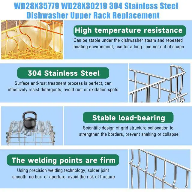 Alt view image 3 of 7 - Upgraded 304 Stainless Steel WD28X35779 WD28X30219 Dishwasher Upper Rack Replacement for GE Dishwasher Rack Parts Hotpoint Models ADT521PGF0BS ADT521PGF0WS with WD12X22801 Wheels