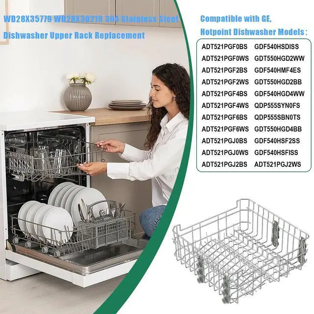 Alt view image 5 of 7 - Upgraded 304 Stainless Steel WD28X35779 WD28X30219 Dishwasher Upper Rack Replacement for GE Dishwasher Rack Parts Hotpoint Models ADT521PGF0BS ADT521PGF0WS with WD12X22801 Wheels