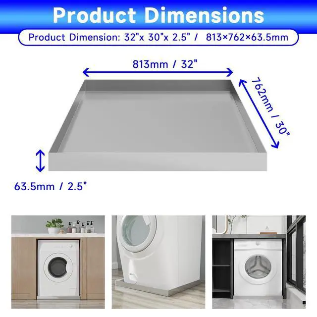 Alt view image 2 of 6 - 32" x 30" x 2.5" Washing Machine Drain Pan, Washer Tray for Floor Protection, Dishwasher Drain Pan, Pan for Under Washing Machine, 304 Stainless Steel, No Drain Port