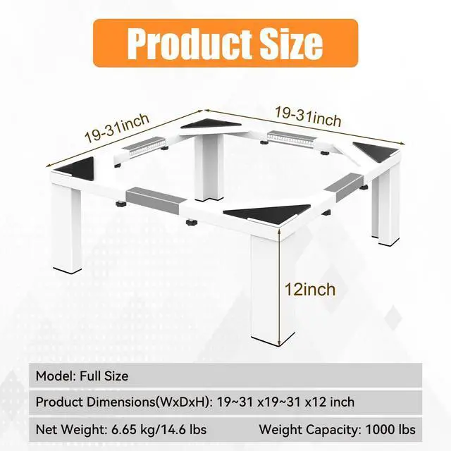 Alt view image 2 of 7 - Heavy-Duty All Steel Universal Laundry Pedestal 12" Height, Full Size Washing Machine Stand Adjustable Dryer Stand, Suitable for All Washer and Dryer (White)
