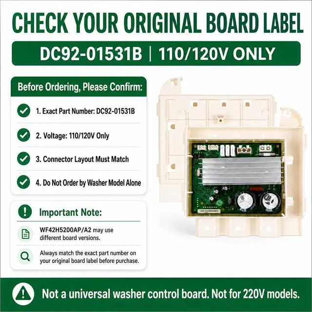 Alt view image 6 of 7 - DC92-01531B 110/120V Washer Inverter Control Board PCB Compatible with Samsung Washer WF42H5000AW/A2 WF42H5200AF/A2, Replaces AP5955156 3996732 PS10063192, for 3C2 3E2 AE6