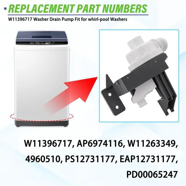 Alt view image 3 of 7 - Washer Drain Pump Compatible with May-tag Washers MVW6200KW0 MVW6230HC0 MVW6230HW0 MVW6230RHW0 MVW7230HC0 MVW7230HC1 MVW7230HW0 MVW7230HW1 MVW7232HC0 MVW7232HC1 MVW7232HC2 MVW7232HW0 MVW7232HW1