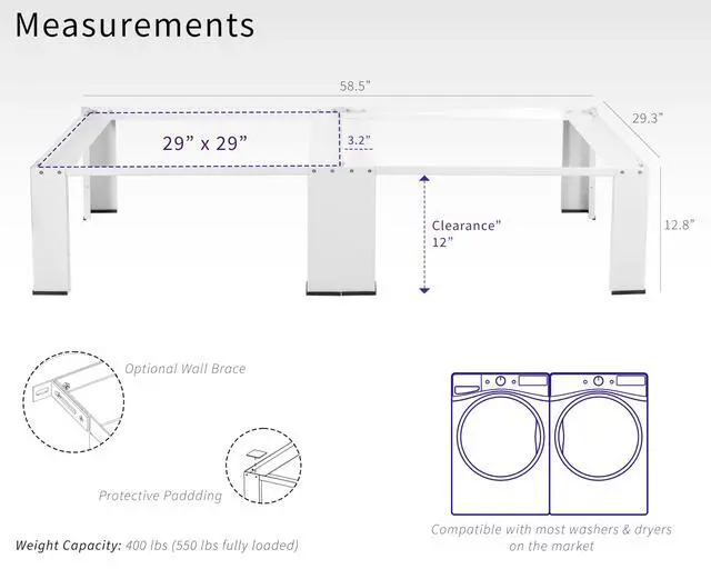 Alt view image 3 of 7 - Universal Laundry Dual Pedestal for Washer and Dryer Set, Washing Machine Stand, Dryer Base, White, LF-WDP01