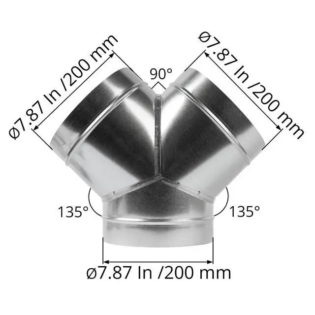 Alt view image 2 of 7 - 8" Inch 3 Way Metal Duct Splitter. 60 Degree 3 Way Y Shape Connector. Connect Multiple Machines - Dryer and Extractor Hood or Dryer and Dryer in one ducting