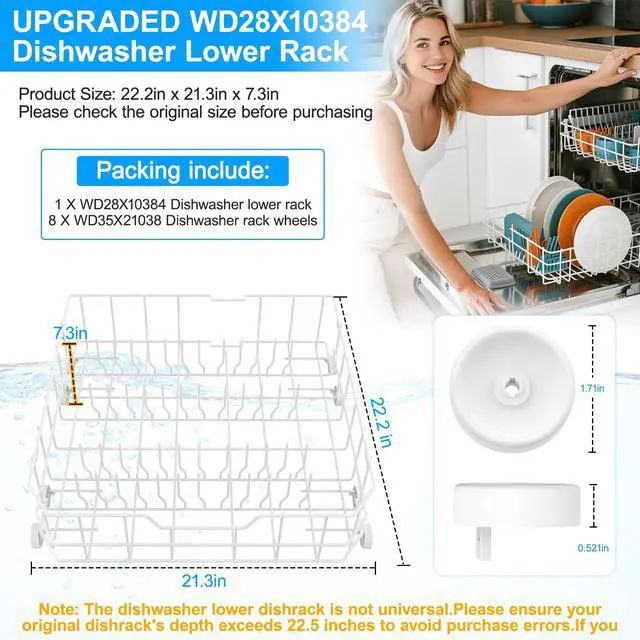 Alt view image 2 of 7 - UPGRADED WD28X10384 Lower Rack for GE Dishwasher Rack Replacement Parts,WD28X10384 WD28X10309 WD28X10166 WD28X10165 GLD5660N00SS GLD4560R00SS General Electric GE Dishwasher Bottom Rack Part with Wheel