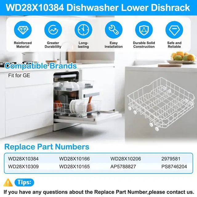 Alt view image 3 of 7 - UPGRADED WD28X10384 Lower Rack for GE Dishwasher Rack Replacement Parts,WD28X10384 WD28X10309 WD28X10166 WD28X10165 GLD5660N00SS GLD4560R00SS General Electric GE Dishwasher Bottom Rack Part with Wheel