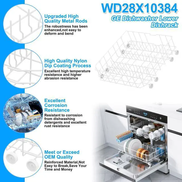 Alt view image 4 of 7 - UPGRADED WD28X10384 Lower Rack for GE Dishwasher Rack Replacement Parts,WD28X10384 WD28X10309 WD28X10166 WD28X10165 GLD5660N00SS GLD4560R00SS General Electric GE Dishwasher Bottom Rack Part with Wheel