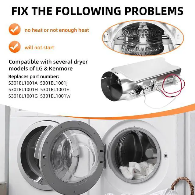 Alt view image 3 of 5 - Upgraded5301EL1001H 5301EL1001J Dryer Heating Element Assembly for LG and Kenmore Elite Dryer DLE2701V DLEX3001P DLEX3070W DLEX3550W DLEX4000W DLEX4270V DLE6100W Replaces 5301EL1001E 5301EL1001A