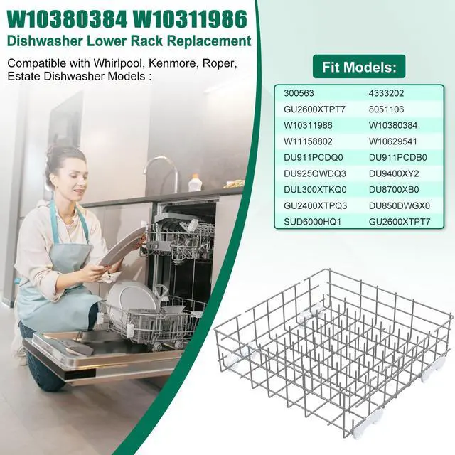 Alt view image 5 of 7 - Upgraded W10380384 W10311986 Dishwasher Lower Rack Replacement Compatible with Whirlpool Dishwasher Bottom Rack 300563, DU911PCDQO with WP3376961 Wheels
