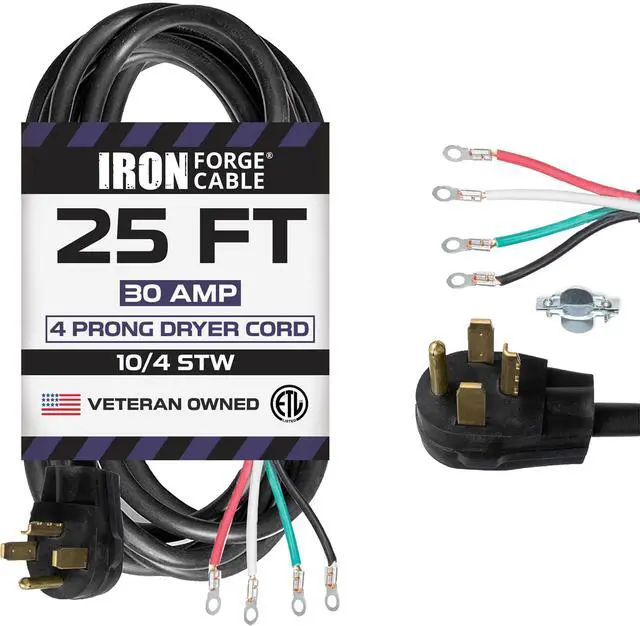 Main image of 4 Prong Dryer Cord, 25 Ft | 10/4 STW Cable, NEMA 14-30 Plug, 30 Amp - For Dryers