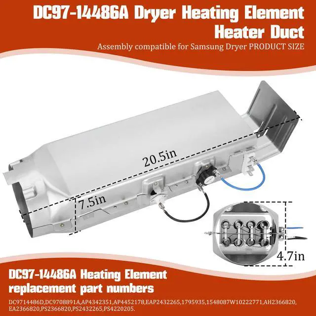 Alt view image 3 of 7 - DC97-14486A Dryer Heating Element Replacement for Samsung Dryer dv40j3000ew/a2 dv45h7000ew/a2 dv42h5000ew/a3 dv42h5200ep/a3 dv42h5200ew/a3, Replace DC97-14486D DC97-08891A 1795935 AP4342351