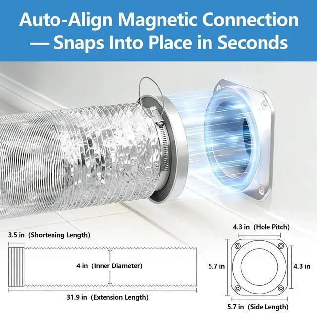 Alt view image 2 of 6 - Magnetic Dryer Vent Coupling Connector Kit with Quick-Release Pull Ring 4"x3.3ft Flexible Duct, 2 Clamps, Fast Cleaning Maintenance