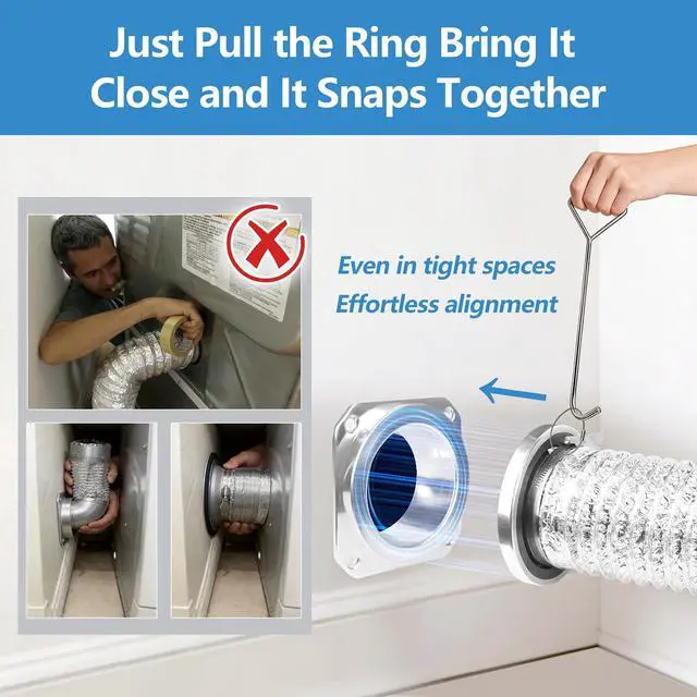 Alt view image 3 of 6 - Magnetic Dryer Vent Coupling Connector Kit with Quick-Release Pull Ring 4"x3.3ft Flexible Duct, 2 Clamps, Fast Cleaning Maintenance