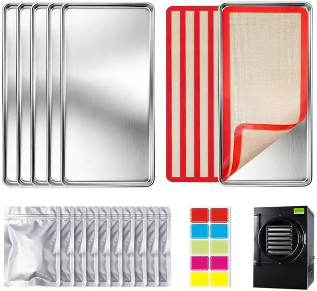 Main image of Metal Trays for Harvest Right Freeze Dryer Medium, 5 Stainless Steel Pans | 18 x 7.5 in Trays Include 5 Silicone Mats, 10 Mylar Bags and Labels for Freeze Drying, Meal Prep and Food Storage