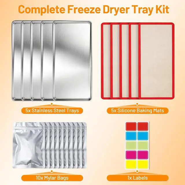 Alt view image 2 of 7 - Metal Trays for Harvest Right Freeze Dryer Medium, 5 Stainless Steel Pans | 18 x 7.5 in Trays Include 5 Silicone Mats, 10 Mylar Bags and Labels for Freeze Drying, Meal Prep and Food Storage