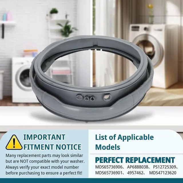 Alt view image 2 of 7 - MDS65736906 Washer Door Bellow Gasket Boot Compatible with AP6888038, MDS47123620, PS12725309, MDS65736901, 4957462, (Gray)