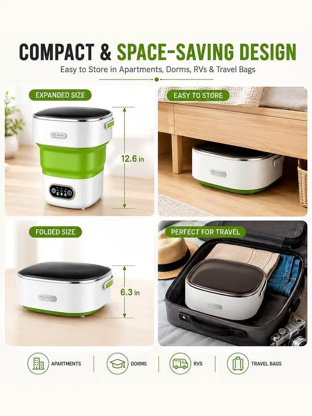 Alt view image 4 of 7 - Portable Washing Machine 16L Foldable Mini Washer for Underwear Socks Baby Clothes Small Loads Compact Washer for Apartment Dorm RV Travel (Green)