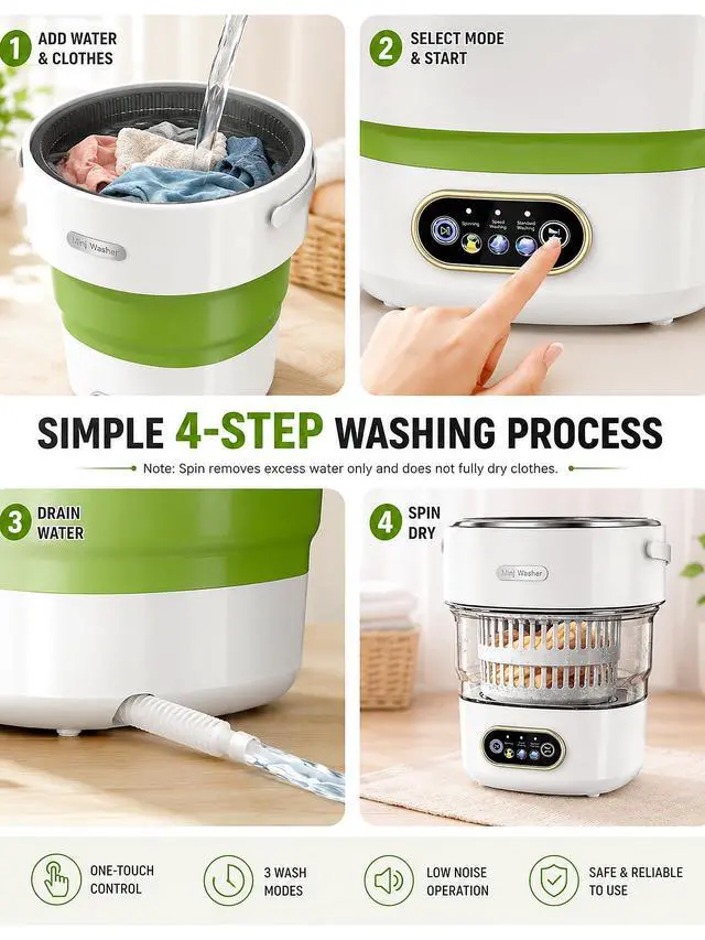 Alt view image 5 of 7 - Portable Washing Machine 16L Foldable Mini Washer for Underwear Socks Baby Clothes Small Loads Compact Washer for Apartment Dorm RV Travel (Green)